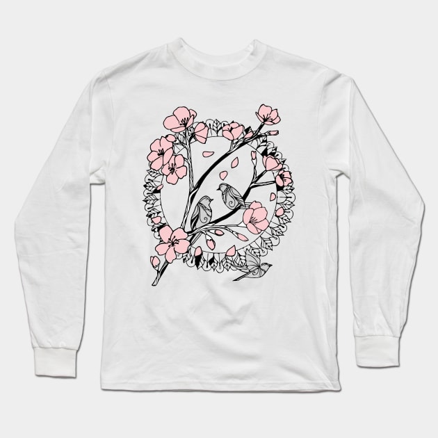 Cherry Blossoms and Sparrows Long Sleeve T-Shirt by LauraKatMax